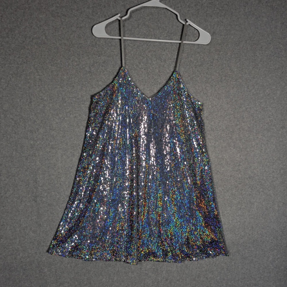 New Look Sequin Mini Dress Womens 6 Silver Disco Sparkly NIght Out Rave Festival